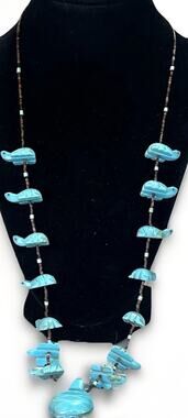 Native American Zuni Turquoise Turtle Multi Animal Fetish Heishi Shell Necklace